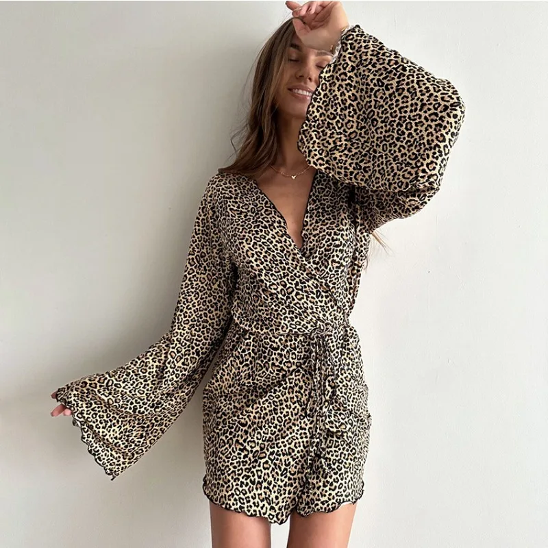 2026 Leopard Print Knitted Long Sleeve Nightgowns Lace Up Bathrobes Women Comfortable Loose Lounge Wear Spring  Summer Stylish