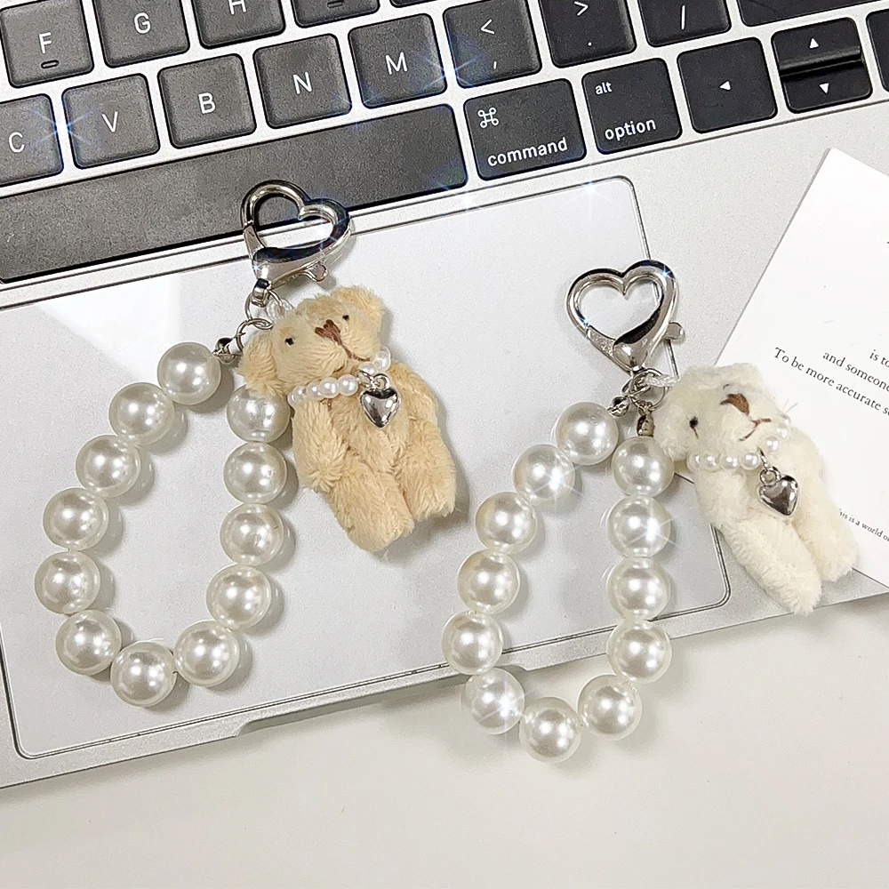 Fashion Pearl Keychain Charming Conjoined Teddy Bear Phone Chain Keychain Car Keys Women Handbag Phone Accessories Heart Keyring image 5