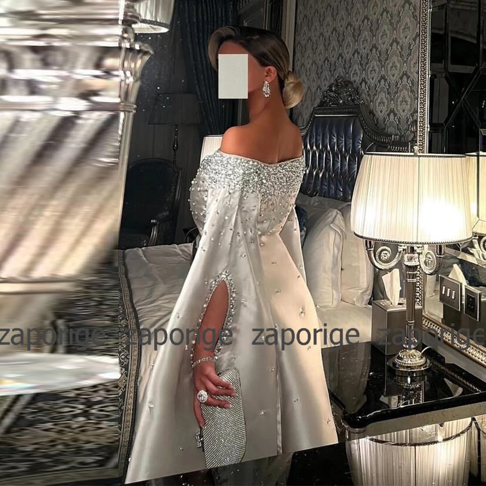 Dubai Silver Special Occasion Dresses Satin beads Pearl Sequined Bespoke Occasion Gown A-line Off-the-shoulder Long Dresses