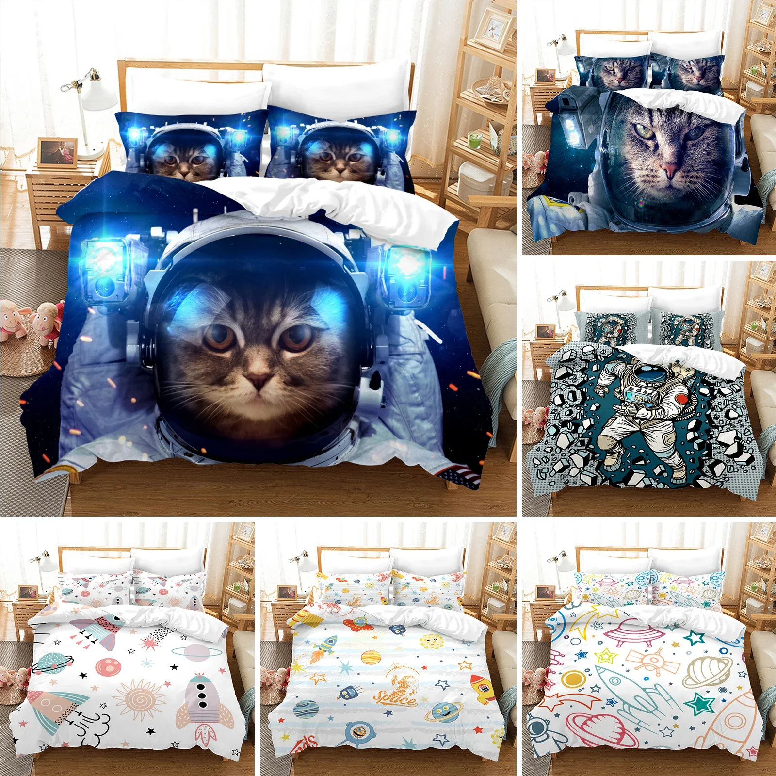 

Astronaut In Space Cat Comforter Cover with Pillow Cover Bedding Set Single Double Twin Full Queen King Size for Bedroom Decor