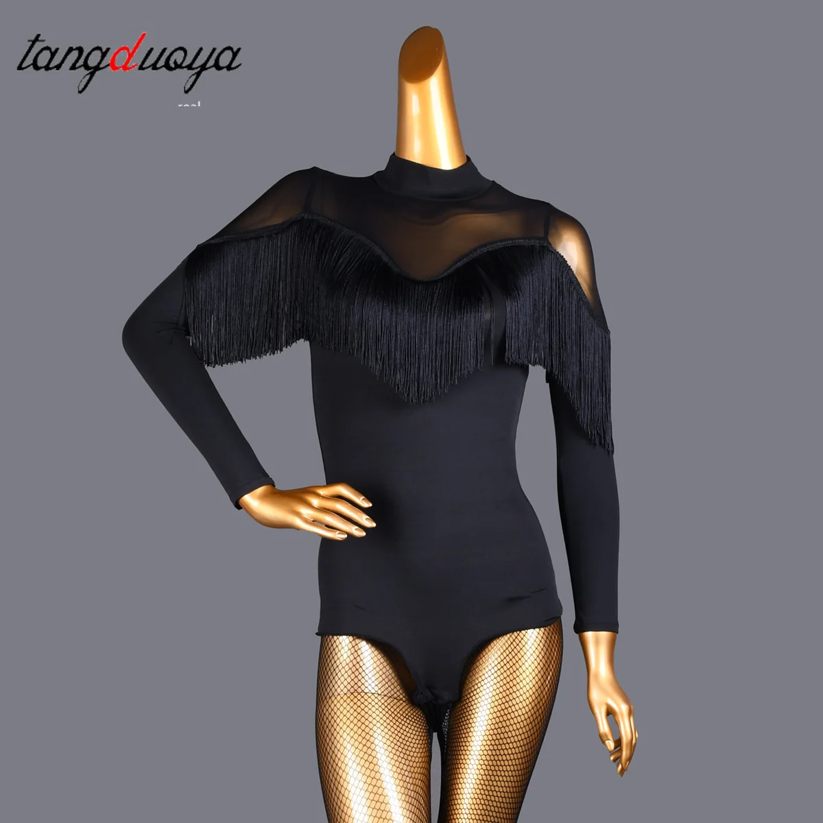 Women Latin Clothes Mesh Patchwork Tassels Belly Dance Solid Color Clothing Long Sleeve Dancing Practice Costume Stage Competiti