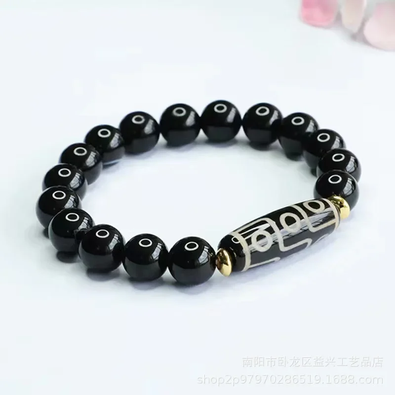 High-quality Nine-eye Dzi Bead Bracelet Black Agate Six-character Mantra Crystal Beaded Bracelet Accessories Wholesale