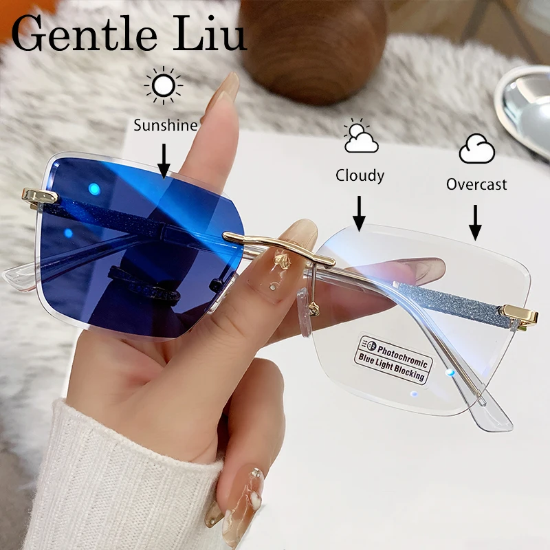 

Square Punk Rimless Change Color Sunglasses Women 2025 Anti Blue Light Computer Read Photochromic Eyeglasses Prescription Shades