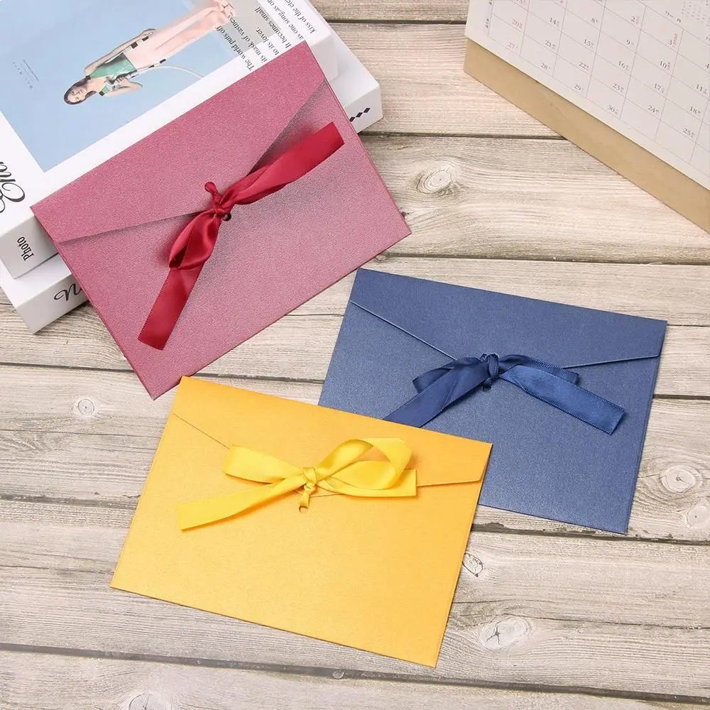10 Pcs/ Set Gift Bow Multicolor Retro Pearlescent Paper Envelop Envelope Ribbon Mailer Greeting Card Bags