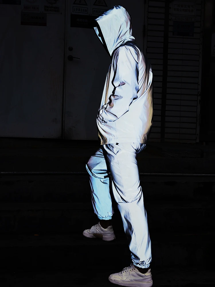 Men's Women Night Reflective Jacket Set Couple Outdoor Waterproof Riding Running Coats Pants Hip Hop Dancer Singer Clothes