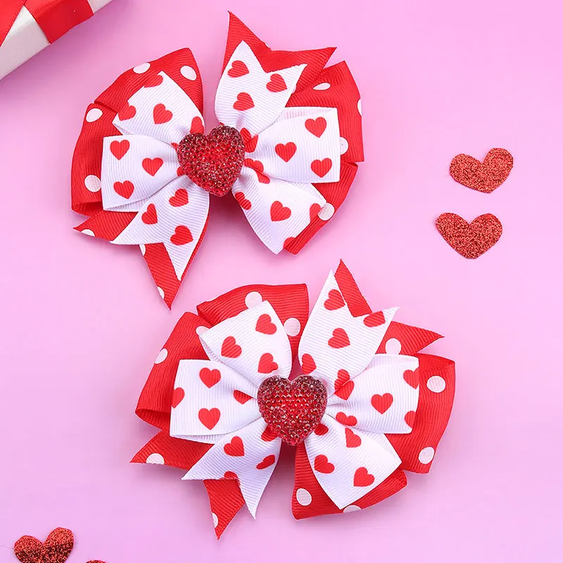 2pcs Shinning Love Hearts Hairpins For Baby Girls Ribbon Print Valentines Day Bows Hair Clips Kids Hairgripes Hair Styling Tools