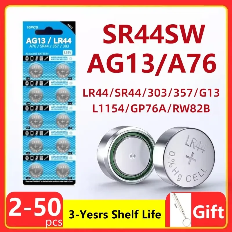 Pilas de botón AG13, 20-50 piezas, LR44, 1,5 V, 357 SR44, LR1154, L1154, para reloj, juguetes, mando a distancia