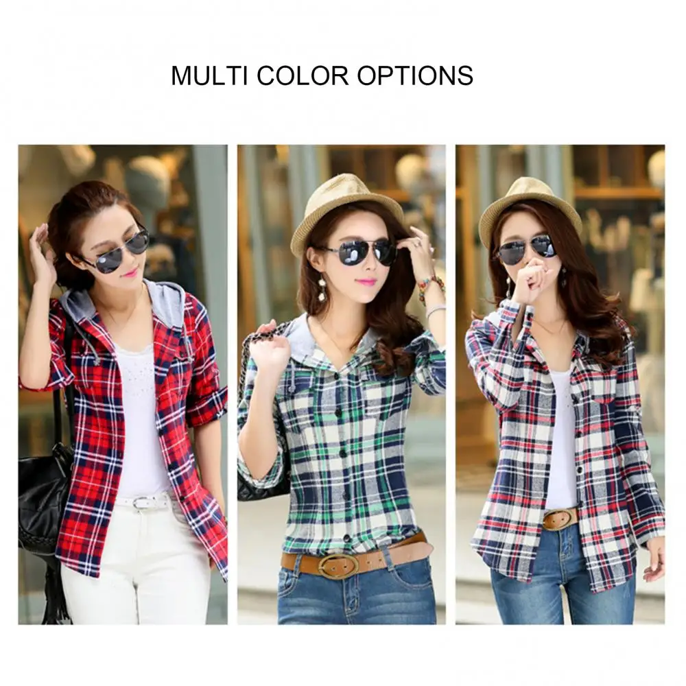 Classic Loose Long Sleeve Women Fashion Plaid Hood Button-up Cotton Shirt Coat