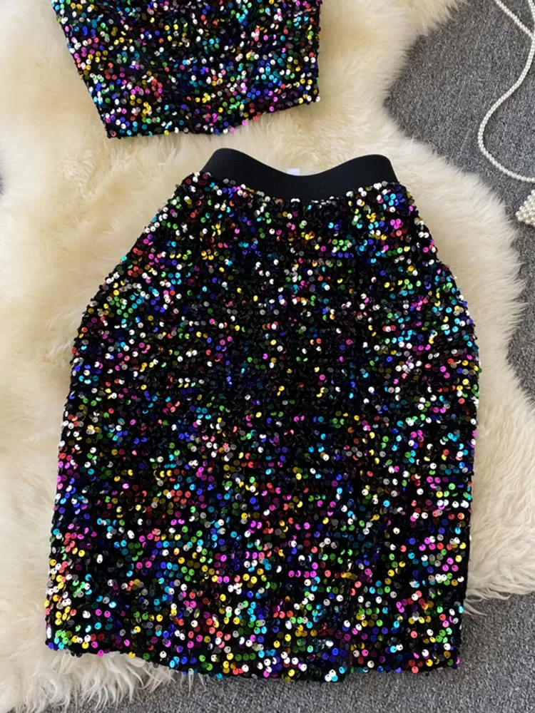 Women Europe The United States Summer Sequins Backless Suspenders Short Tops Waist Thin Skirt Two-piece Suit Female D0801