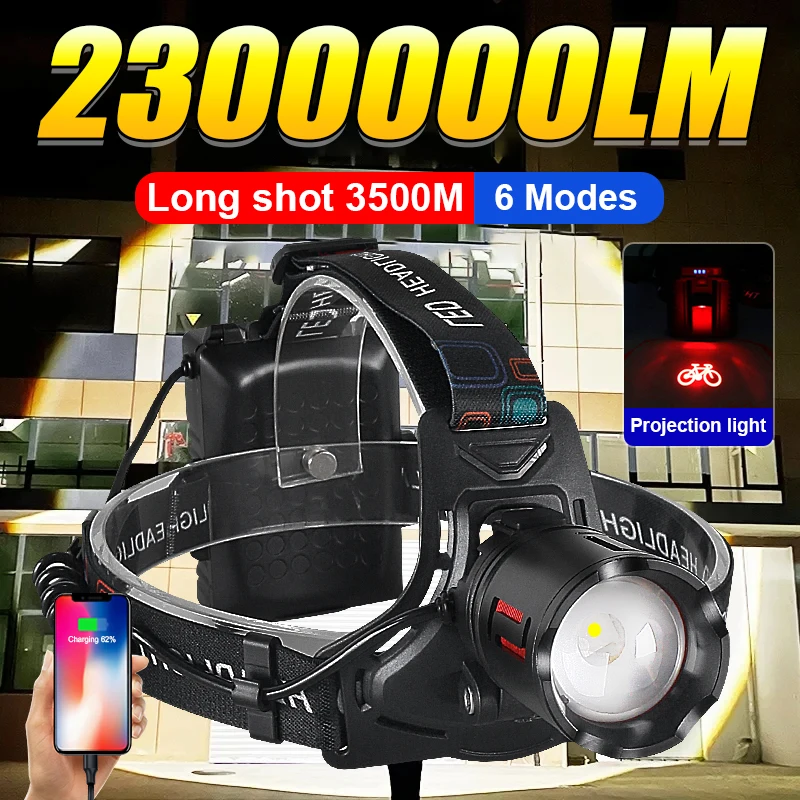 

2300000LM Outdoor Headlamp Rechargeable LED Front Lamp With Projector Light Waterproof Fishing Head Torch 6 Modes Powerful Light