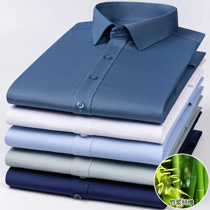 

2026 Bamboo Fiber Long Sleeve Men Regular Fit Microfiber Material Non-iron Professional Casual Dress Shirts Pure Colors