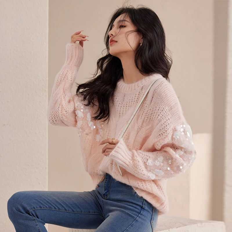 

Female Long Sleeve Solid Color Pullover Tops Women Sequin Decoration Sweater Autumn 2023 New