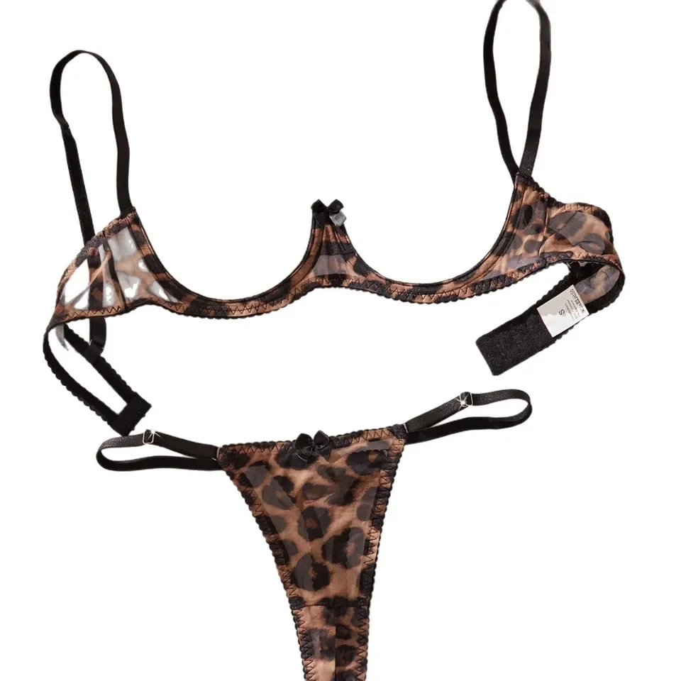 

Leopard Three Points Bra Crotchless Open Panty See Through For Women Lady Female Outfit Sexy Erotic Suits Set