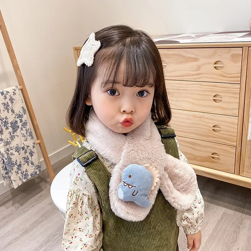 Winter Plush Scarf For Children Kids Autumn Warm Faux Fur Cross Scarves Cute Girl Boy Cartoon Soft Neck Ring Scarf Korean Style