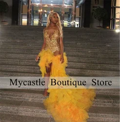 Gold Rhinestones Mermaid Ruffles Prom Dresses 2024 For Black Girls Diamonds Crystal Birthday Party Gown Formal Dress