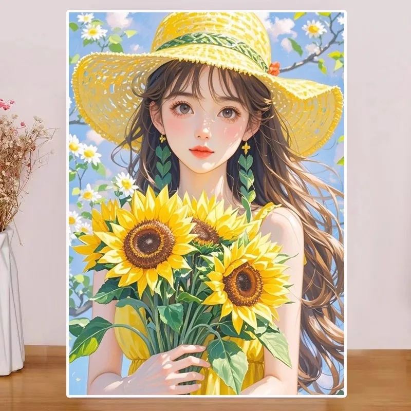 

9ct 66x86cm Sunflowers Girl Embroidery DIY Chinese Style Printed Kits Cross Stitch Needlework Set Home Decor Crafts 60 Colors