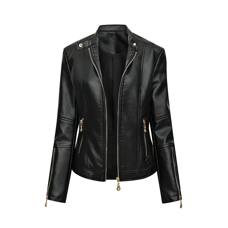 

Motorcycle Leather Jacket for Women Red Long-sleeved Stand-up PU Coat Zipper Casual Fashion Female Outerwear