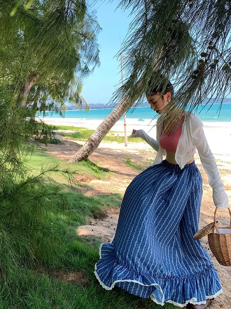 Vintage High Waist Blue White Striped Maxi Skirt Women Y2k Grunge A-line Spring Summer Long Skirt Lace Loose Mujer Skirts New