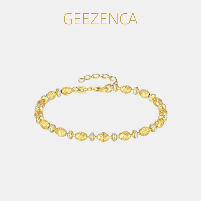 GEEZENCA Italian Jewelry S925 Silver Two Tone Oval Flat Spaced Beads Chain Bracelet For Women Chic Shiny Bracelets 2024 New Gift