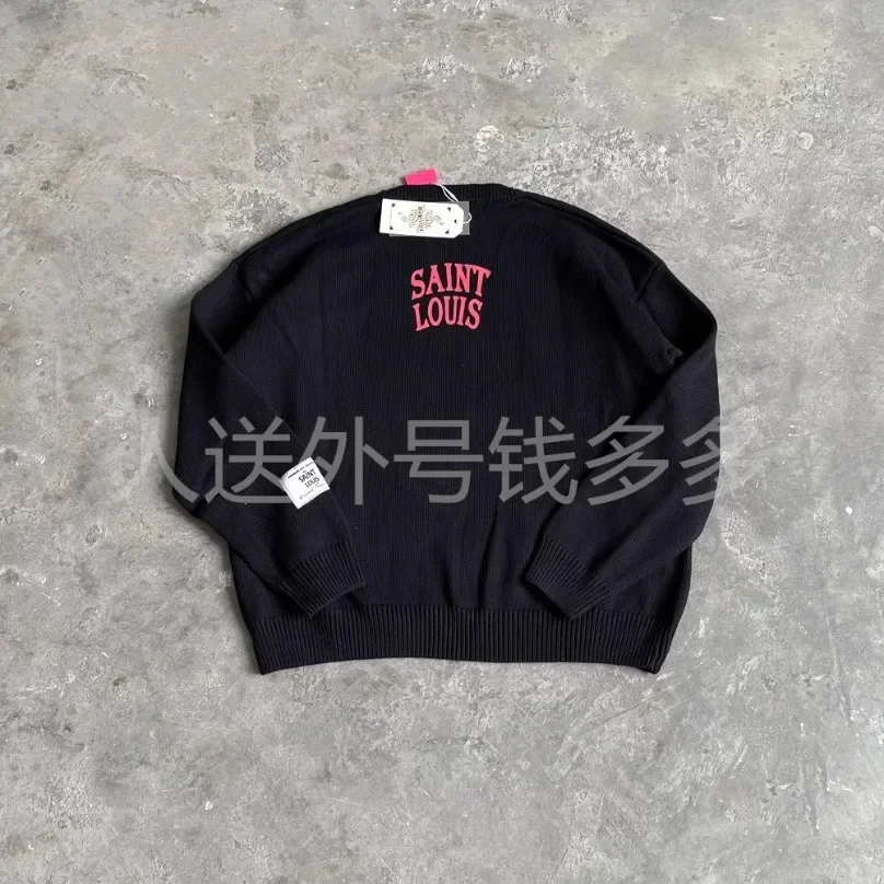 SSSAINT LOUIS Black Loose Rose Skull Hand-painted Knitt Sweater Men Women High Quality 1:1 Knitted Vintage Sweater Pullovers