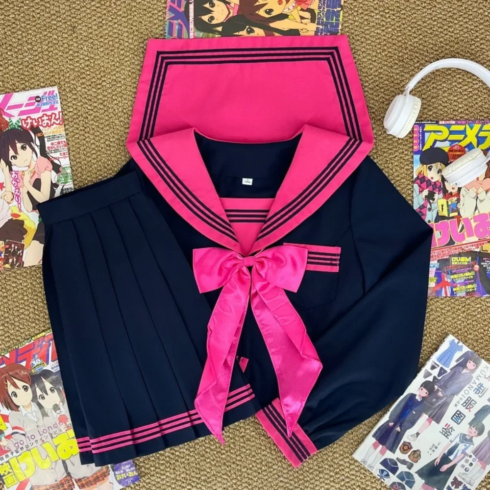 Rose Red Three Sailor Suit JK School Uniform,Slim Pleated Skirt Set for Campus Daily Graduation Wear Japanese Dark College Style