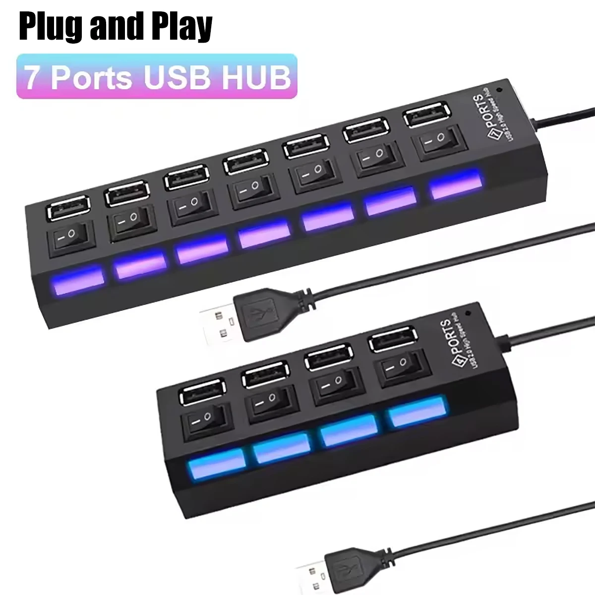 

USB 2.0 hub with multiple USB splitter ports, using a power adapter with 4/7 ports, and a multi extender hub