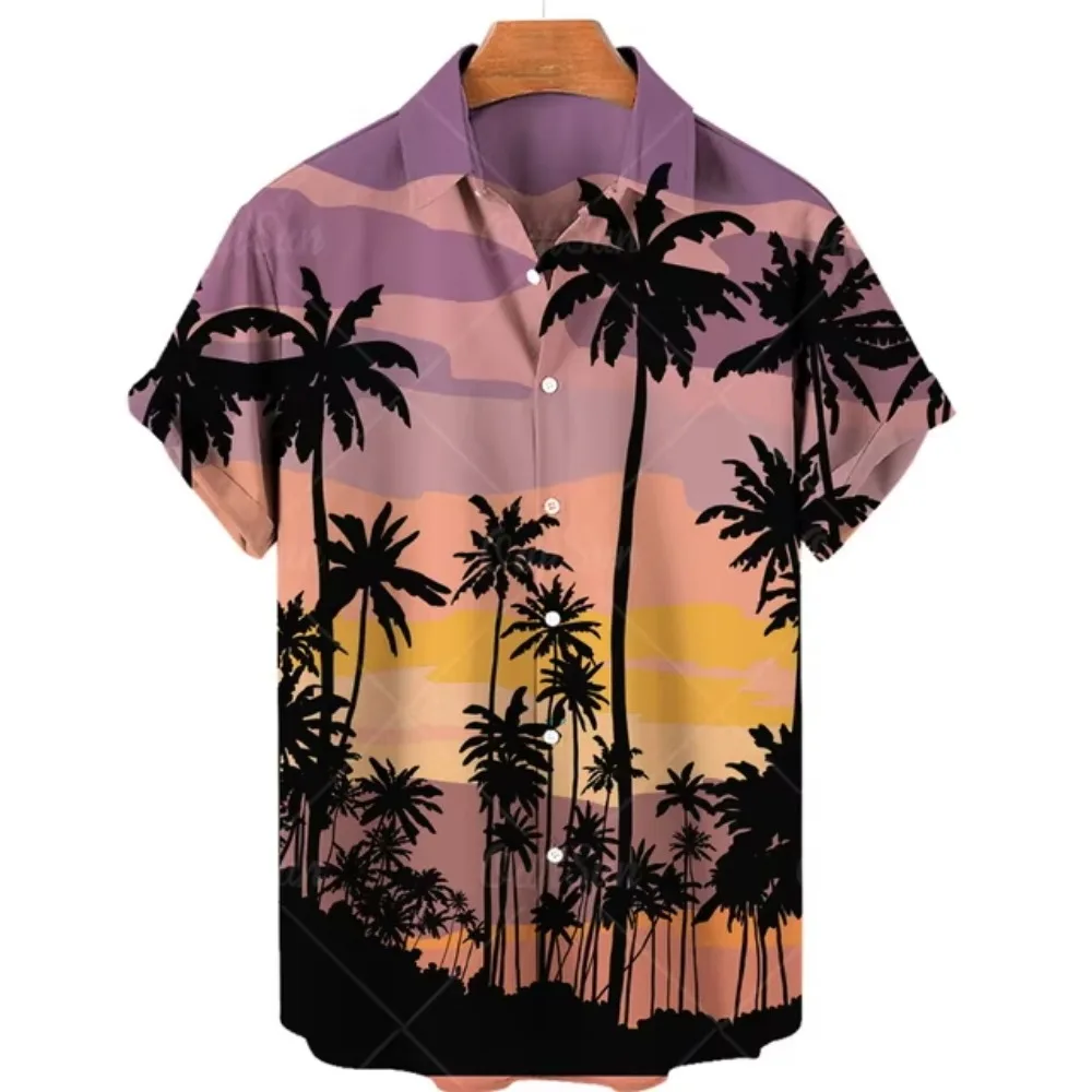 Camisa de vacaciones de estilo hawaiano de gran tamaño para hombre, camisa de manga corta con estampado gráfico de árbol de coco, Tops de Color degradado para hombre