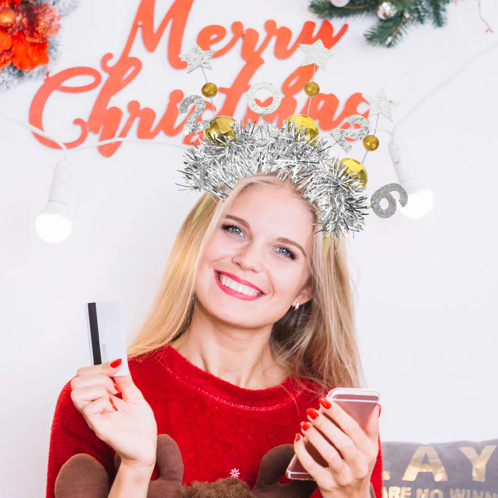 

Новогодняя повязка на голову 2026: Диско-шар, пятиконечная звезда, праздничный реквизит для фотосессий, аксессуары для Нового года