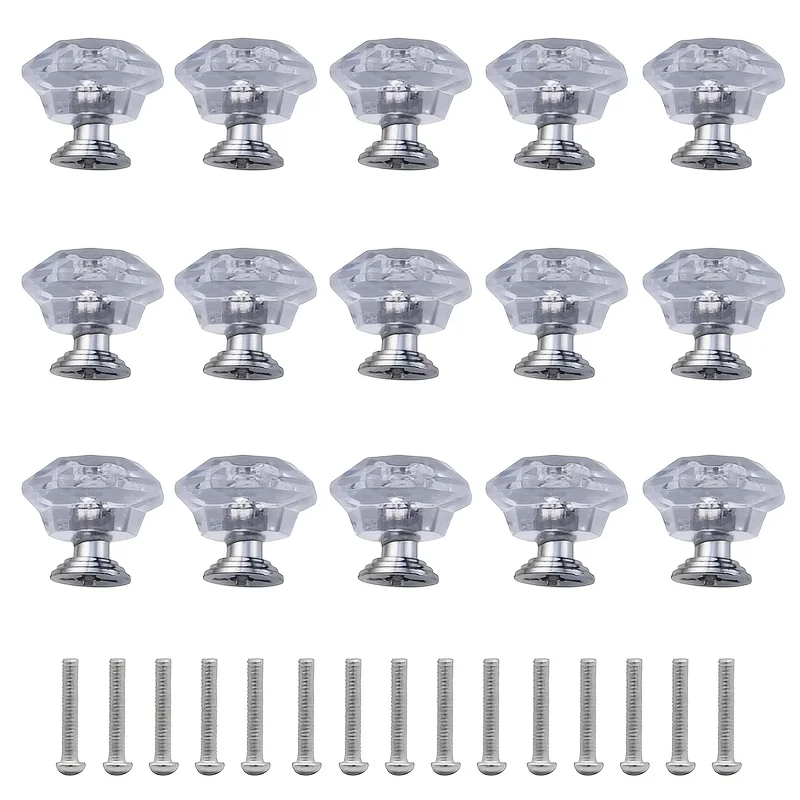 15Pcs Clear Crystal Cabinet Knobs, Pull Handles with Screws,