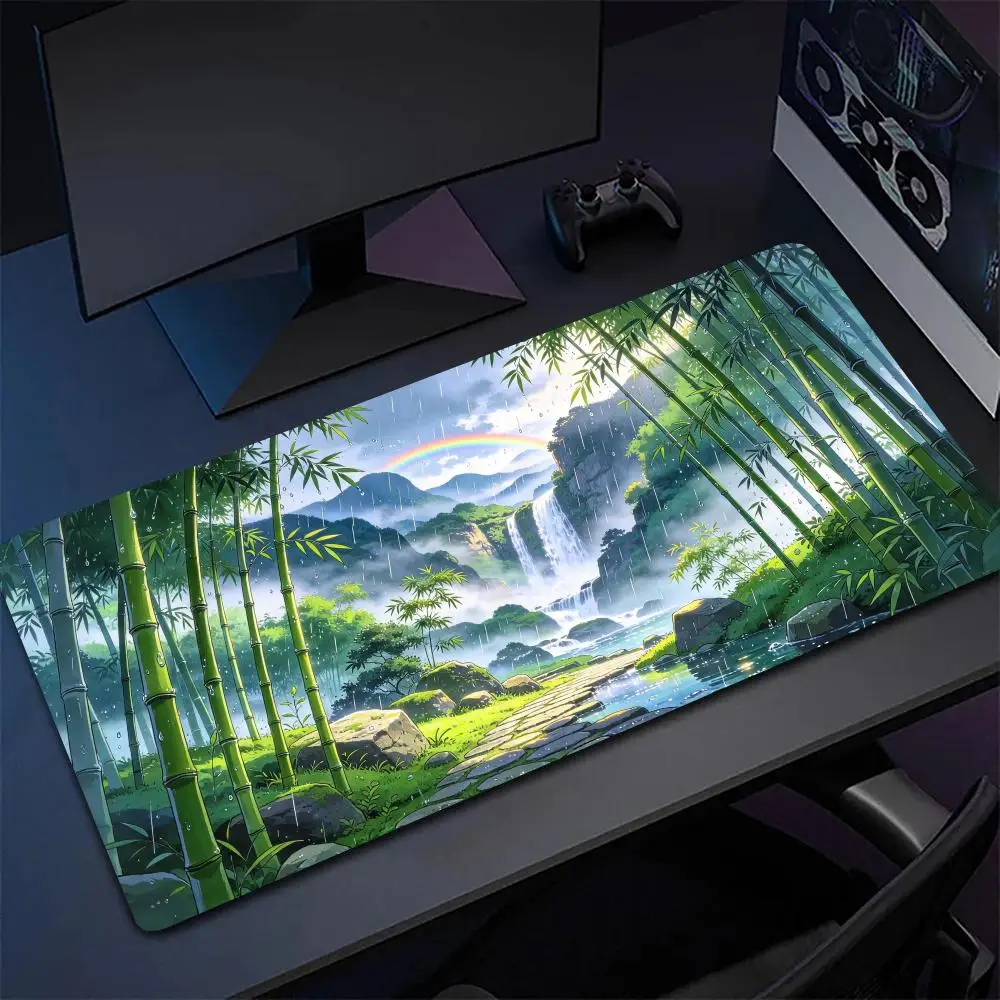 Bamboo Forest Waterfall Fantasy Desk Mat Non Slip Rubber Base Large Size Smooth Cloth Surface For Home Office