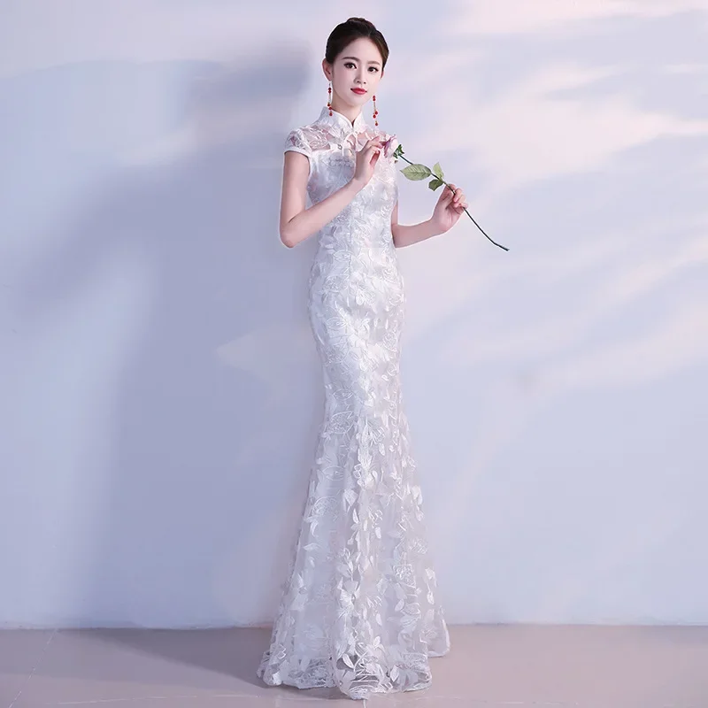 

White Women Elegant Mandarin Collar Bridal Wedding Dress Sexy Slim Lace Novelty Cheongsam Exquisite Mermaid Trim Long Qipao