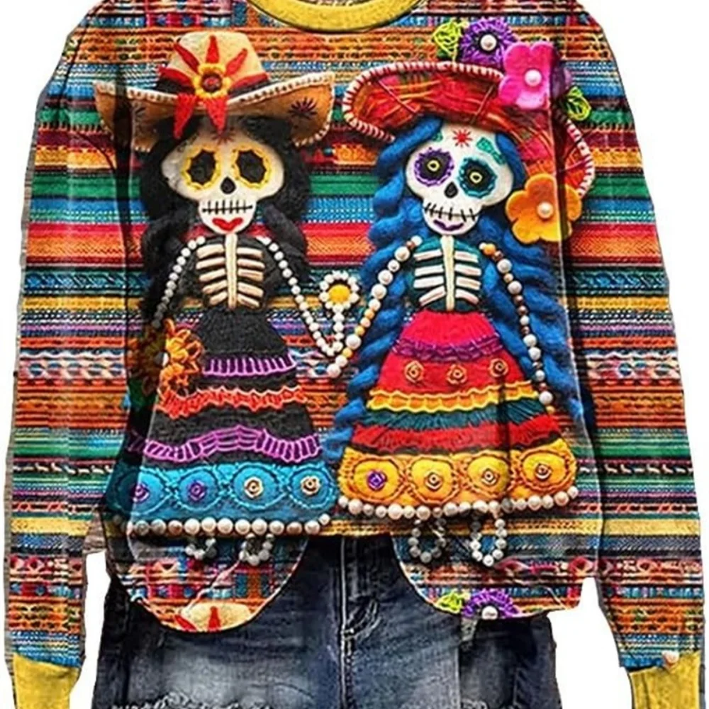 

Halloween fun skull 3D printed women's round neck sportswear holiday casual oversized pullover women's festival gift sportswear