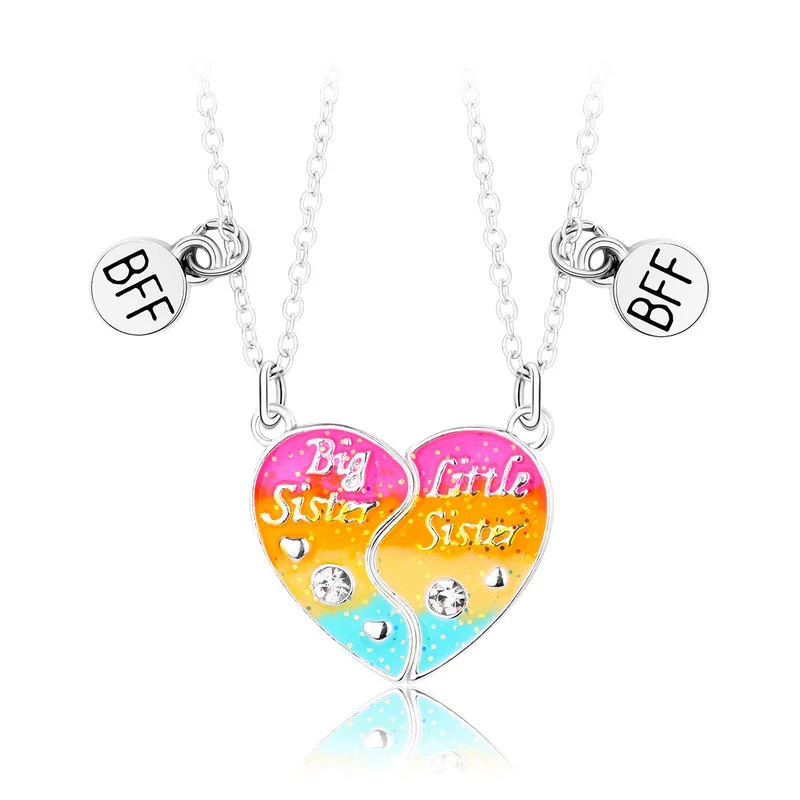 2Pcs/Set Colorful Big Sister Little Sister Pendant Chain Best Friends Necklace BFF Friendship Children\'s Jewelry Gift for Girls
