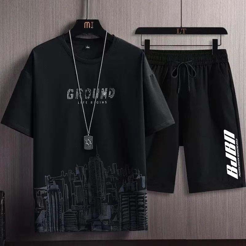 2023 Summer Men\'s Tracksuit 2 Piece Set Fashion Casual Solid Short-Sleeved T-Shirt and Shorts Sport Suit Breathable Man Clothing