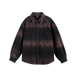 Retro Washed Cotton Jacquard Shirt Men Streetwear Fashion Loose Casual Long Sleeve Cargo Shirts Coat Cityboy Blouses