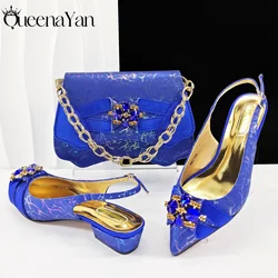 Queena Yan Elegant Blue Pointed Toe Low Heels Rhinestone Handbag Set for Women Luxury Wedding Party Footwear and Accessory