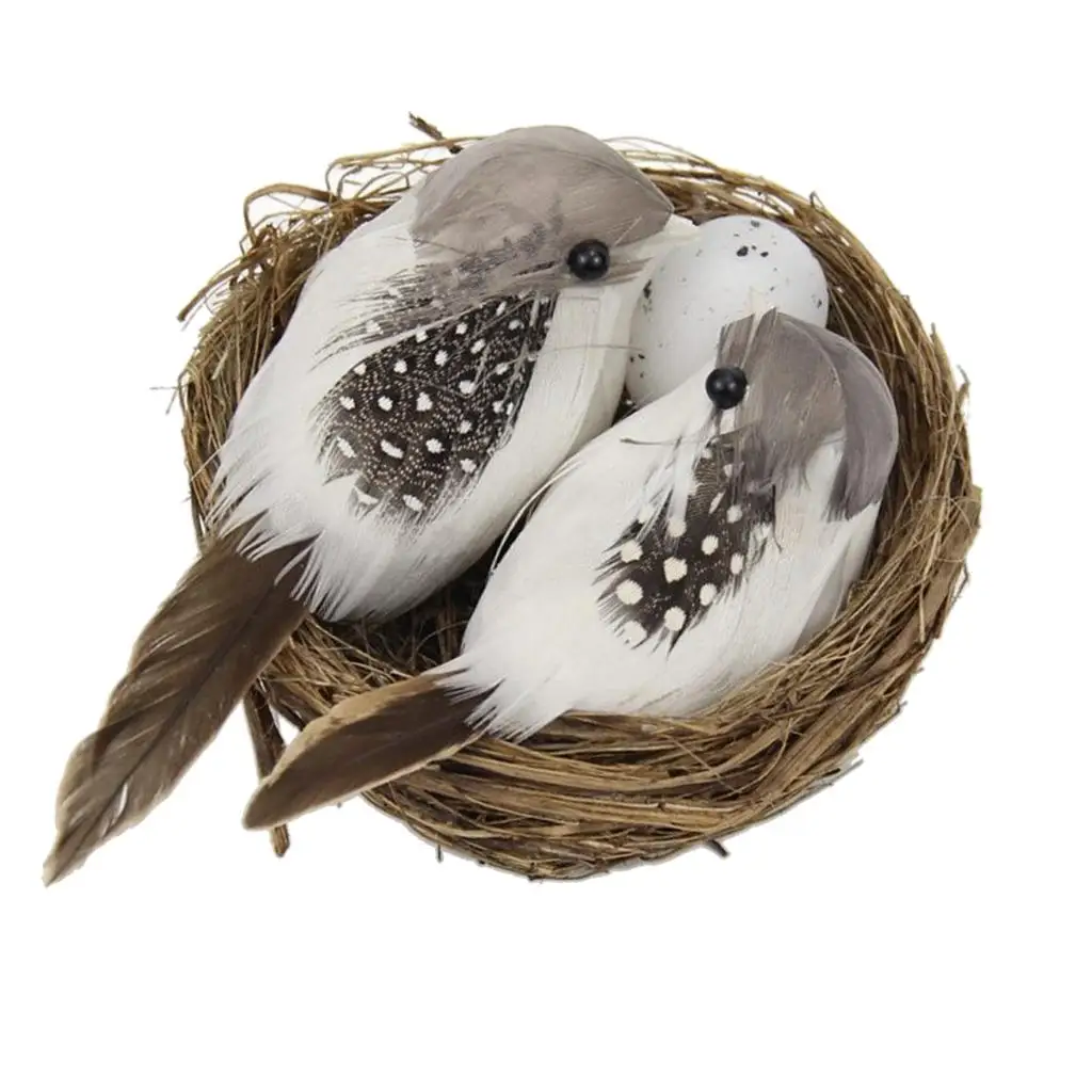 Fairy Garden Decorative Birds Ornament Straw Nest Egg Handcrafted Sculpture for Indoor Outdoor Home Decor