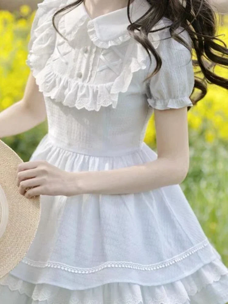 일본 로리타 레이스 패치워크 스위트 드레스 여성 카와이 소녀 러플 로브 여름 귀여운 베스티도스 Y2k 에스테틱 플리츠 드레스