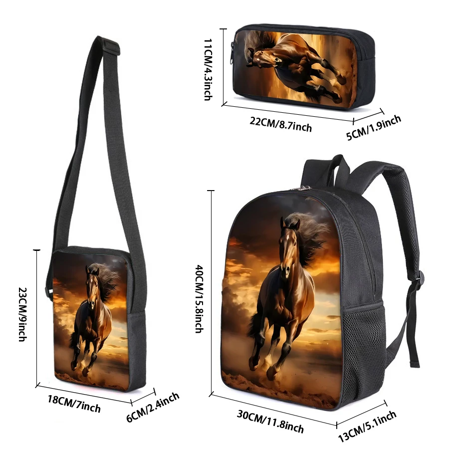 Horse 3Pcs/Set With Messenger Bags ,Pencil Bag,School Bag For Boy/Girls Best Gift 2D Flat Cartoon Student School Bags