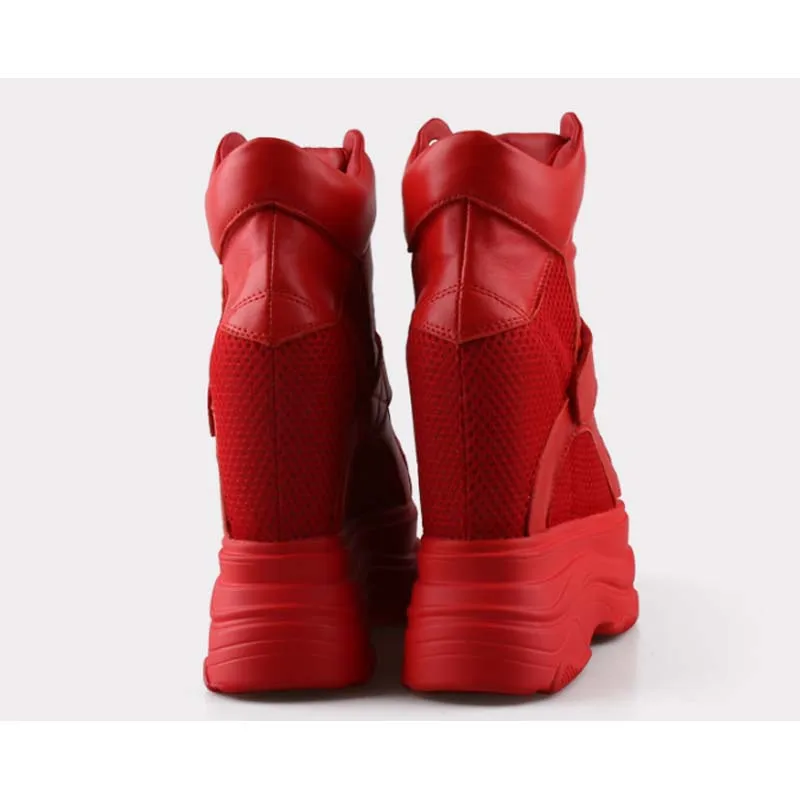 Women High Top Breathable Sneakers Comfortable High Heels Invisibly Height Increasing 14CM Red Wedges Pumps High Platform Shoes