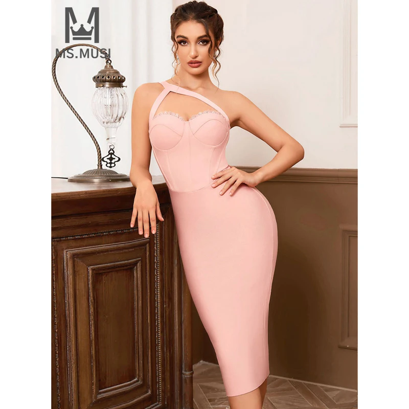 MSMUSI 2024 New Fashion Women Sexy Strap One Shoulder Lace Sleeveless Backless Bandage Bodycon Party Club Event Slim Midi Dress