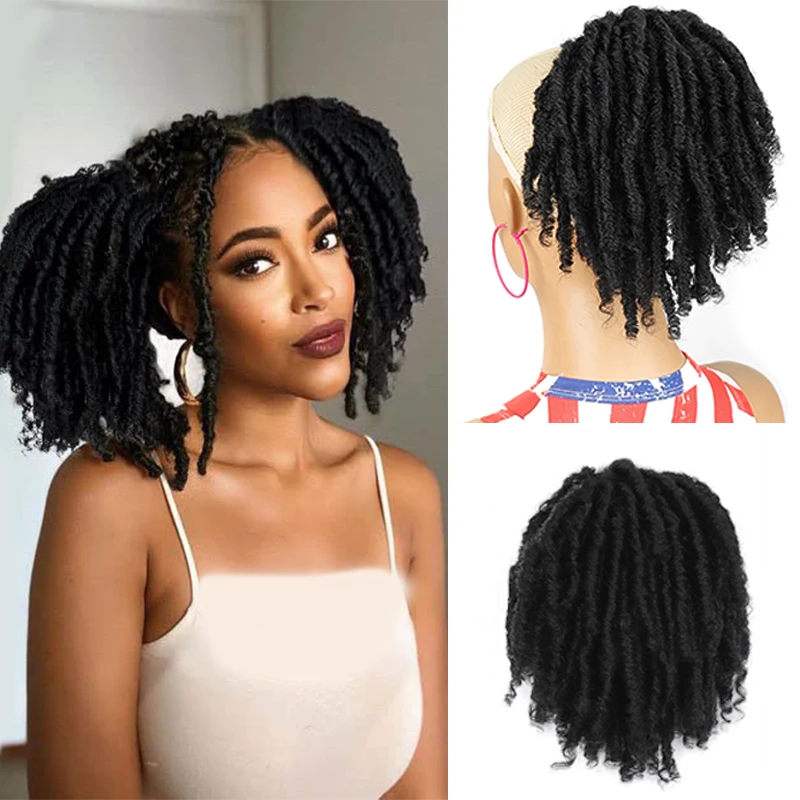 

Dreadlock Ponytail Extensions for Women Black Drawstring Ponytail with Curly Ends Synthetic Goddess Faux Locs Crochet Hairpiece