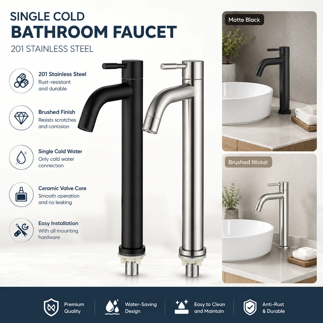 Grifo de cocina de acero inoxidable de apertura rápida, monomando de agua fría, para fregadero y lavabo de baño