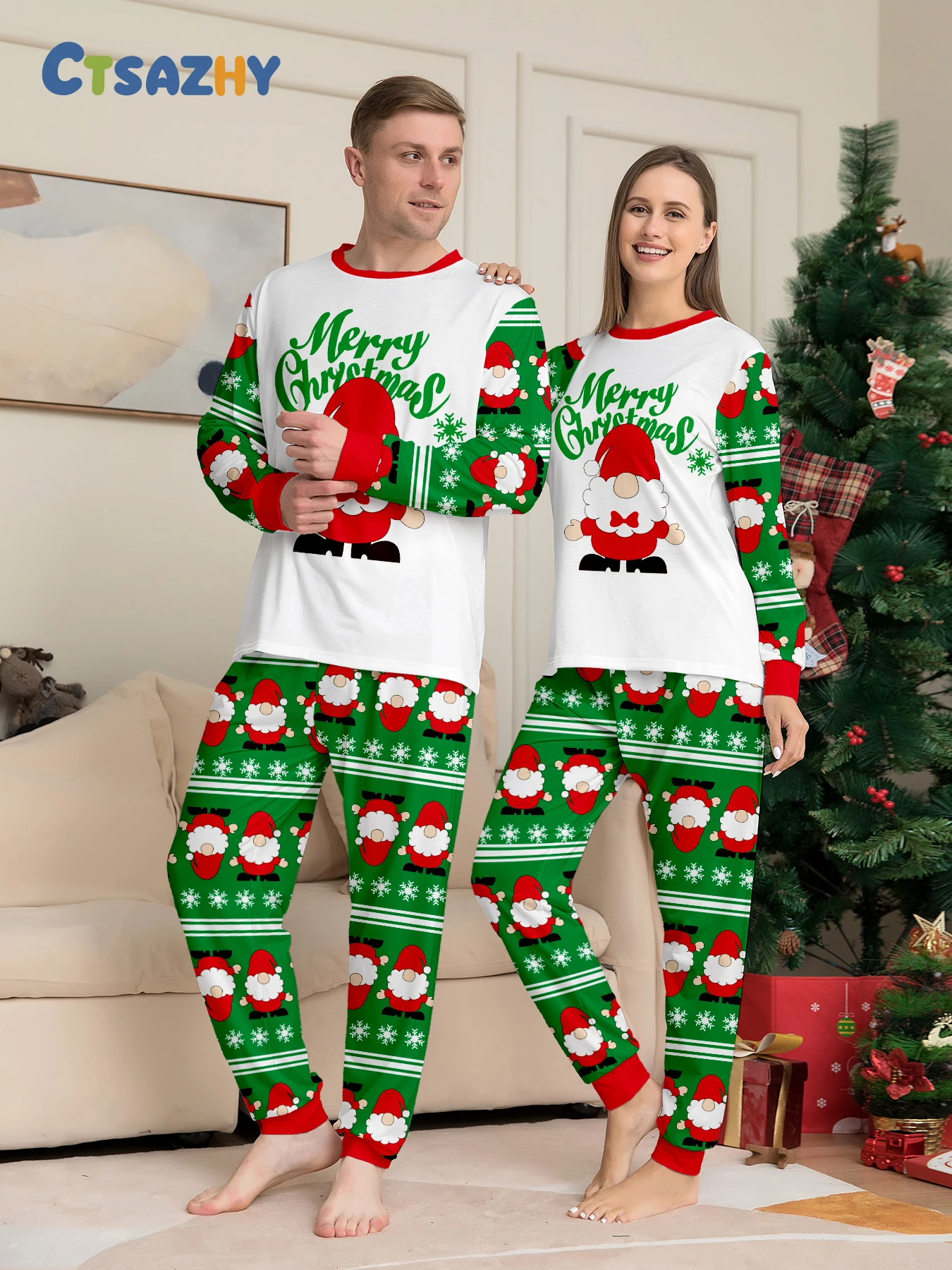 

Romantic Christmas Gift: Matching Couple Pajamas in Green & White, Loaded with Santa Gnome Prints