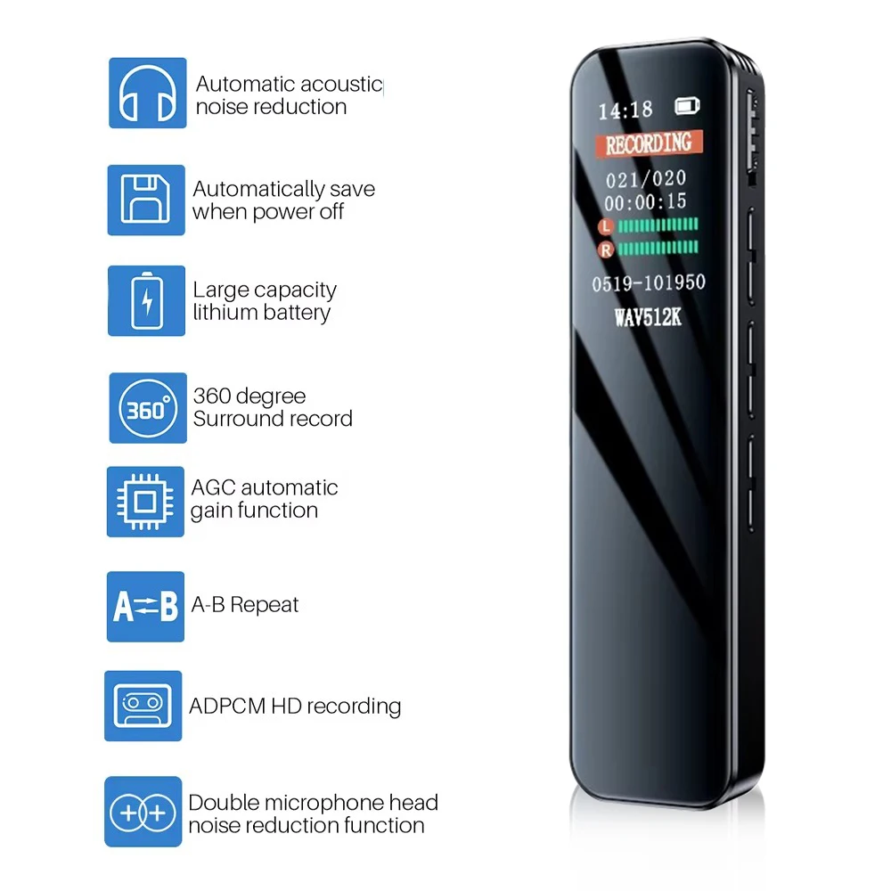 Digital Voice Recorder Noise Reduction Record with Playback MP3 Music Player Digital Voice Dictaphone 1536KBPS HD Recording