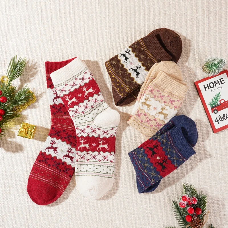 

10/20/30 Pairs Womens Socks Thickened Warm Christmas Gold Moose Deer Snowflake Rabbit Wool Mixed Middle Tube Socks Dropshipping