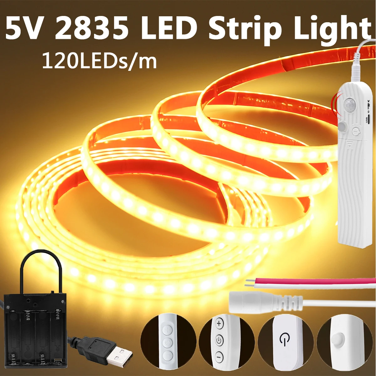 8MM PCB 2835 LED Strip 5V Motion Sensor Battery Powered USB 3Key Touch 2Pin Wire 120LED/m Waterproof Flex Induction Night Lights