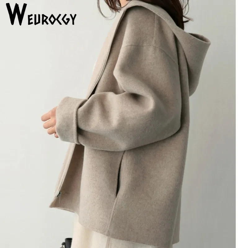 Hooded Woolen Coat Women 2024 Autumn Winter New Style Korean Edition Version Loose Solid Color Fashion Casual Wool Jacket