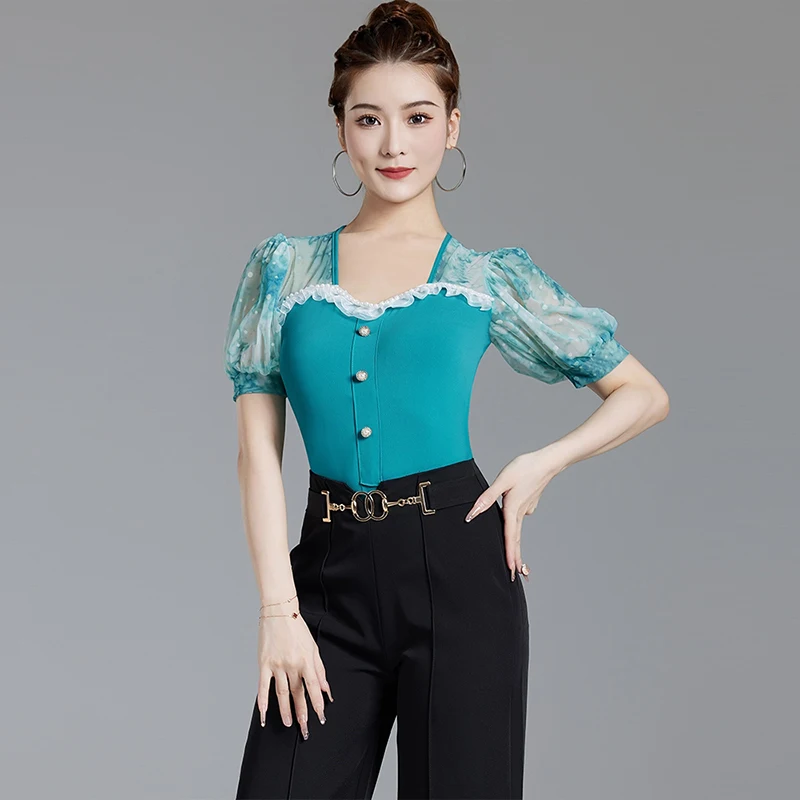 

Summer New Latin Dancing Short Sleeve Tops Lady Ballroom Dance Clothes Women Prom Waltz Samba Dance Costume Practice Wear XH642