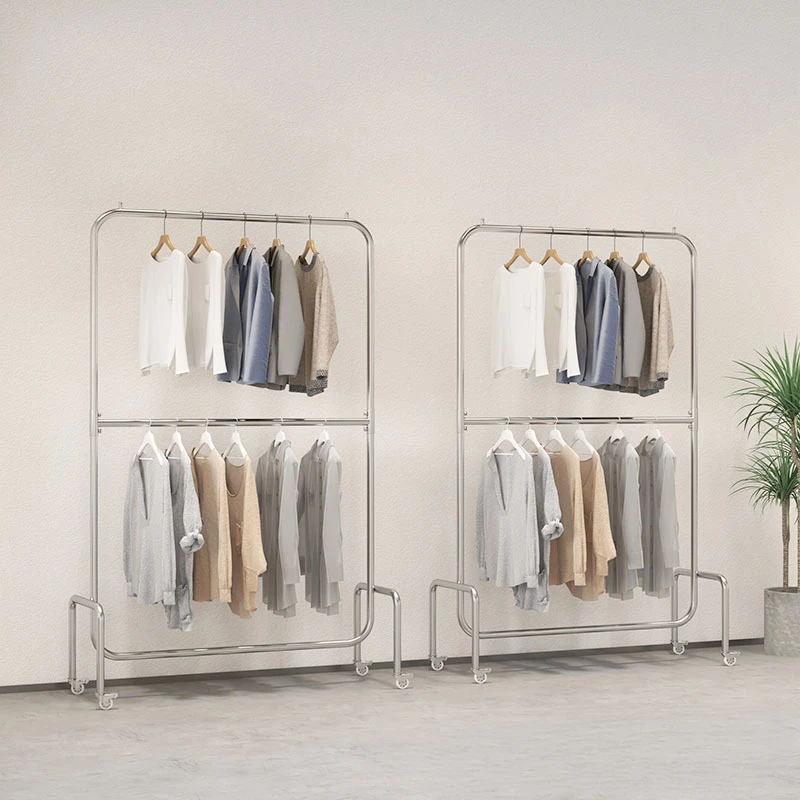 Stainless steel drawstring pulley double-layer display rack, floor type adjustable display rack